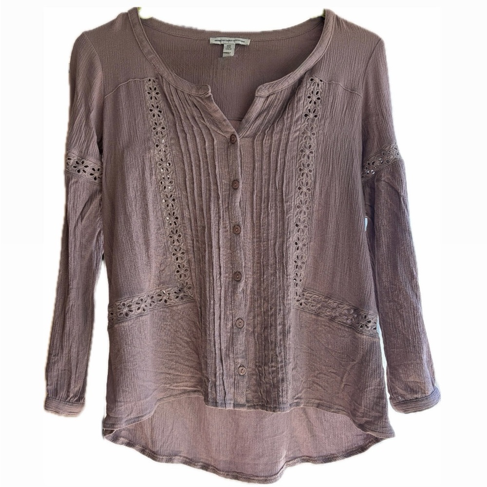 AE Crochet-Trim Button Front 3/4 Sleeve Lightweight Blouse Mauve Pink Spring XXS